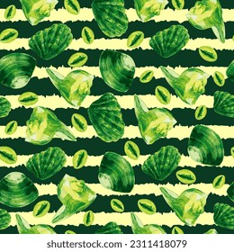 Pattern vector hand drawn green seashells on a bright background