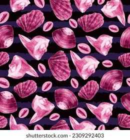 Pattern vector hand drawn pink seashells on a bright background