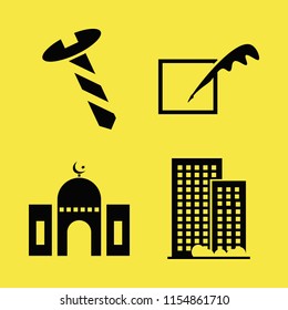 pattern vector icons set. with screw, feather, mosque and office building in set