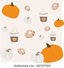 pattern vector illusrtation,  thanksgiving day, pumpkin latte, donuts