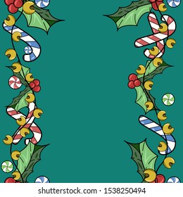Pattern vector illustration of Christmas bells, sweets and New Year's mistletoe.