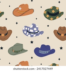 Pattern vector illustration cowboy hats and star. Collection of retro elements. Cowboy Western and Wild West theme. Set of different cowboy hat and accessories.