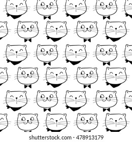 Pattern vector illustration of cute cat in white background.Doodle style.