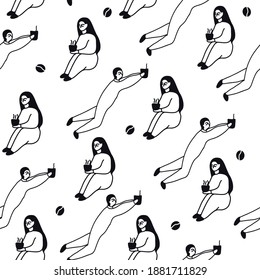 Pattern. Vector illustration - doodle style people with coffee: woman sits with a cup of coffee, man flies with a cup.