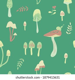 Pattern vector illustration with edible mushrooms and toadstools. Creative design for decoration. Suitable for fabrics, wallpaper, printing and interior design.