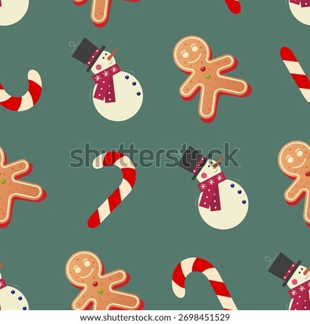 Pattern Vector illustration Festive designs display cheerful snowmen with top hats, playful gingerbread men, and striped candy canes on a green backdrop