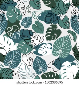 Pattern vector illustration of hand graphic drawing green leaves. Decorative botanical pattern for fabric, textile, paper, wallpaper, wrapping or greeting card.