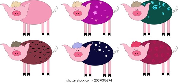 pattern vector illustration with the image of pigs of different colors