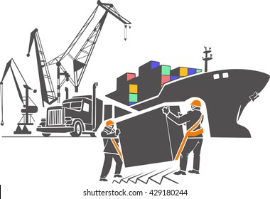 Pattern vector illustration . logistics port, ship , freight , storage , terminal, loading, unloading, truck, container ocean, sea , truck delivery truck seaport.