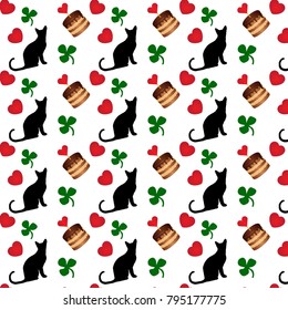 pattern, vector illustration of seamless background with cartoon black cat, heart, cake, clover with a transparent background on the back