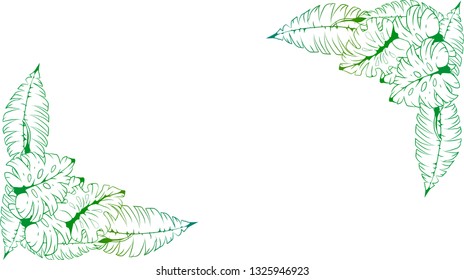Pattern and vector illustration of tropic leaves in green colors and tones