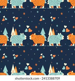 pattern vector illustration of valentine's day, capybaroo, animal, forest, rain, sun, flowers, heart