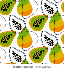 Pattern of vector illustrations depicting whole and sliced papaya with color, offset contour, ideal for packaging office supplies, food, clothing, paper. Cute repetitive chaotically seamless texture