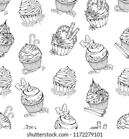 Pattern of vector illustrations on the Christmas sweets theme; set of different kinds of cupcakes decorated with Christmas candies, fruits and nuts. Pictures are depicted as dark sketches.