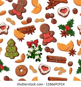 Pattern of vector illustrations on the Christmas Traditions theme; set of different kinds of Christmas symbols and sweets: candies, fruits and nuts. Pictures contain realistic shadows and glare.