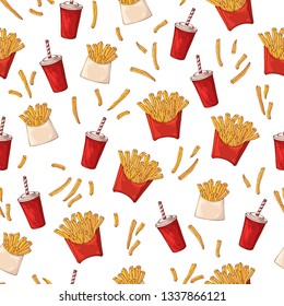 Pattern of vector illustrations on the fast food theme: french fries. Isolated objects for your design. Each object can be changed and moved.