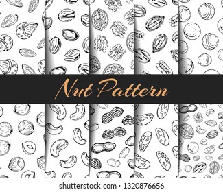 Pattern of vector illustrations on the nutrition theme; different kinds of nuts. Set of seamless patterns for your design.