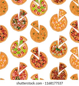 Pattern of vector illustrations on the pizza theme; several kinds of pizzas, cooked according to different recipes. 
