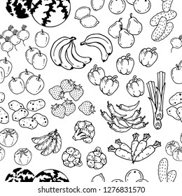 Pattern of vector illustrations on the vegetarianism theme: various types of fresh vegetables and fruits. Zero waste. Eco lifestyle. Isolated objects for your design.