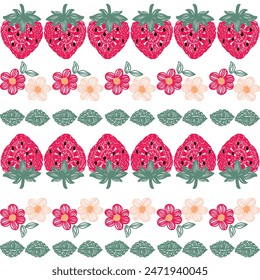 pattern vector line illustration of embroidered strawberry flowers and green leaves in salmon and green colors with white background