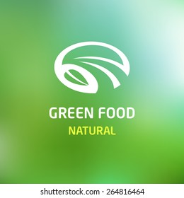 Pattern vector logo with the image field, road and leaf. Green food. Blurred background. Green and white.