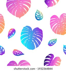 Pattern vector neon tropical fern. Purple, pink and blue monstera leaves plants on a white background.