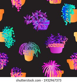 Pattern vector neon tropical fern. Purple, pink and blue monstera leaves plants on a black background.