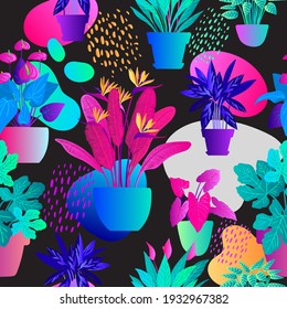 Vector de patrón de helecho tropical neón. El morado, el rosa y el azul de la monastera dejan las plantas sobre un fondo negro.