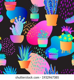 Pattern vector neon tropical fern. Purple, pink and blue monstera leaves plants on a black background.