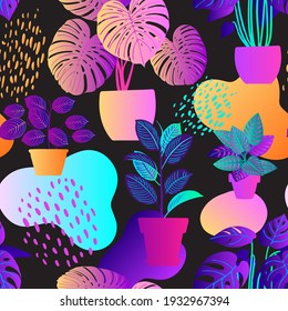 Pattern vector neon tropical fern. Purple, pink and blue monstera leaves plants on a black background.