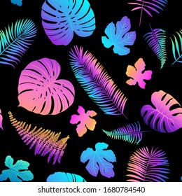 Pattern vector neon tropical leaves of palm, monstera, fern. Pink, purple and blue plants on a black background.