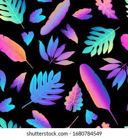 Pattern vector neon tropical leaves of palm, monstera, fern. Pink, purple and blue plants on a black background.