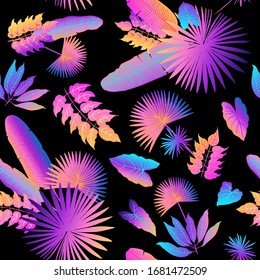 Pattern vector neon tropical leaves of palm, monstera, fern. Pink, purple and blue plants on a black background.