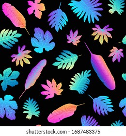 Pattern vector neon tropical leaves of palm, monstera, fern. Pink, purple and blue plants on a black background.