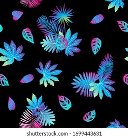 Patrón vectorial neón hojas tropicales de palma, monstera, helecho. Plantas rosas, violetas y azules sobre fondo negro.