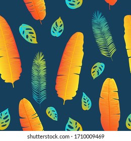 Pattern vector neon tropical leaves of palm, monstera, fern. Orange, purple and green plants on a blue background.