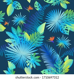 Pattern vector neon tropical leaves of palm, monstera, fern. Orange, purple and green plants on a blue background.