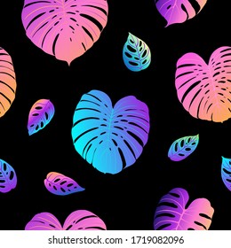 Pattern vector neon tropical leaves of palm, monstera, fern. Pink, purple and blue plants on a black background.