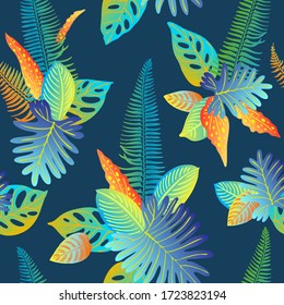 Pattern vector neon tropical leaves of palm, monstera, fern. Orange, purple and green plants on a blue background.