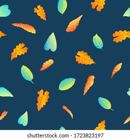Pattern vector neon tropical leaves of palm, monstera, fern. Orange, purple and green plants on a blue background.