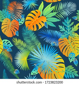 Pattern vector neon tropical leaves of palm, monstera, fern. Orange, purple and green plants on a blue background.