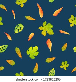 Muster Vektor neon tropischen Blätter von Palm, Monstera, Farn. Orange, violette und grüne Pflanzen auf blauem Hintergrund.