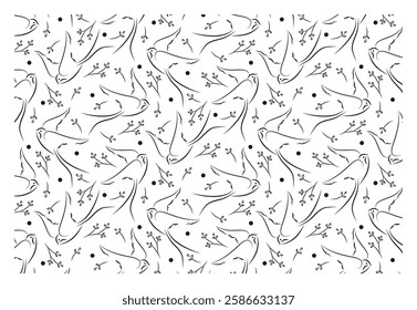 Pattern with vector outline of swallows in flight with twigs. Swallow flies in doodle style.