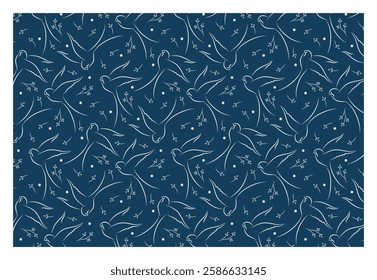 Pattern with vector outline of swallows in flight with twigs on a dark blue background. Swallow flies in doodle style.