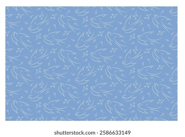 Pattern with vector outline of swallows in flight with twigs on a blue background. Swallow flies in doodle style.