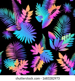 Pattern vector pink neon tropical leaves of palm, monstera, fern. Purple and blue plants on a black background.