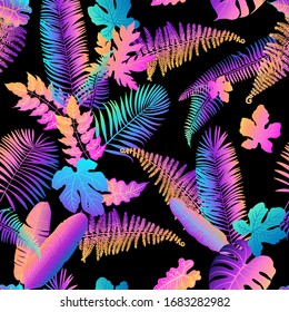 Pattern vector pink neon tropical leaves of palm, monstera, fern. Purple and blue plants on a black background.