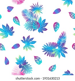 Pattern vector pink neon tropical leaves of palm, monstera, fern. Purple and blue plants on a white background.