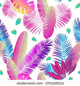 Pattern vector pink neon tropical leaves of palm, monstera, fern. Purple and blue plants on a white background.
