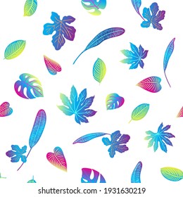 Patrón vectorial neón rosa hojas tropicales de palma, monstera, helecho. Plantas moradas y azules en un fondo blanco.